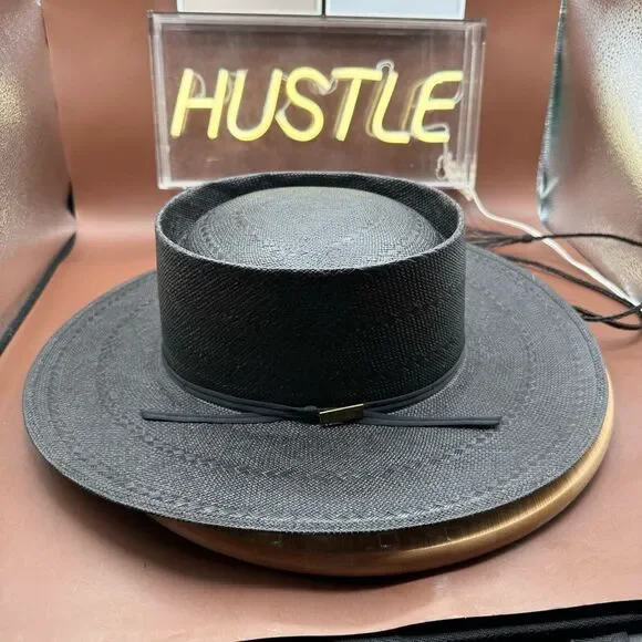 Larry Mahan Gambler Hat With Cord 6x Handwoven Shantung 7 Western Black USA - Picture 3 of 15